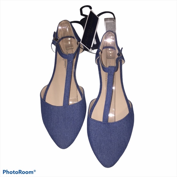 NWT Charles Albert Denim T Strap Flats Pointed Toe - Picture 2 of 5